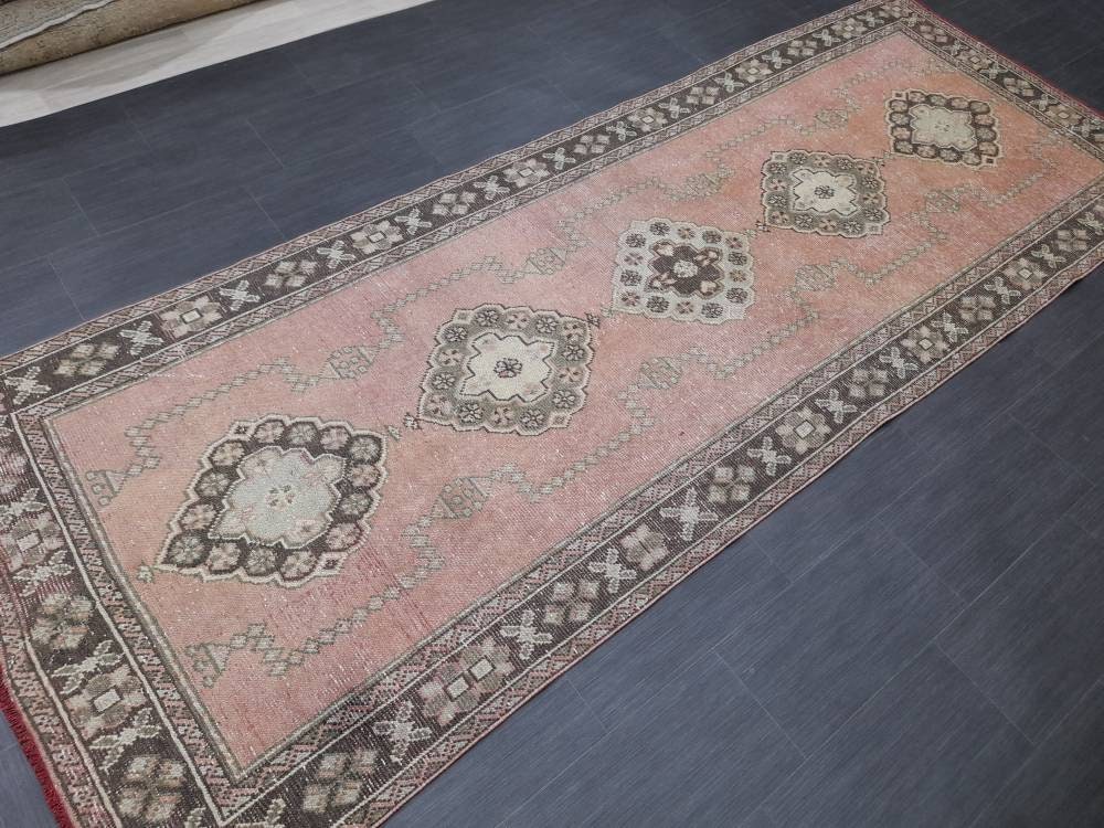 Muted Turkish Runner Rug 4.2 x 11 Muted Vintage Runner Rug Hand Made Runner Rug Pink Vintage Runner Rug Hallway Runner Rug Distressed Runner