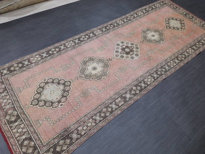 Muted Turkish Runner Rug 4.2 x 11 Muted Vintage Runner Rug Hand Made Runner Rug Pink Vintage Runner Rug Hallway Runner Rug Distressed Runner