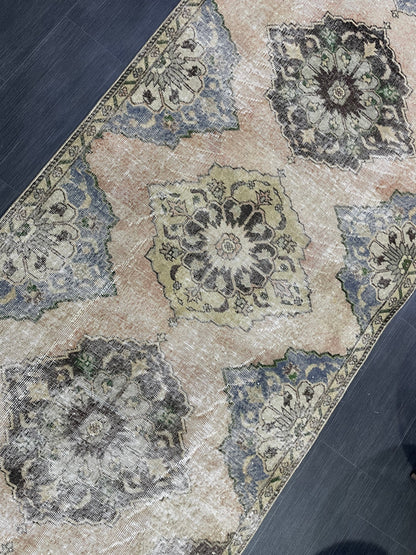 Muted Oushak Runner 3.8 x 11.7 Rug, Vintage Runner Rug, Hallway Runner Rug, Antique Runner Rug Wool Runner Rug Distressed Runner Rug