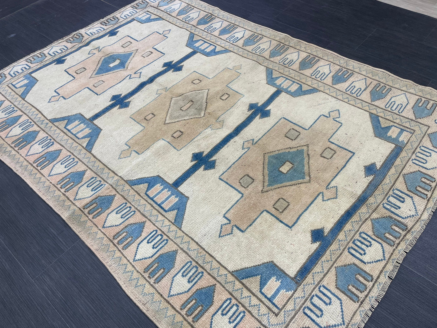Vintage Blue Rug Muted 4.6 x 6.3 Vintage Rug Wool Light Blue Oushak Rug Hand Made Rugs Vintage Turkish Rug Living Room Rug