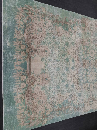 TURKISH HAND MADE Rug 5.6 x 9.2 Vintage Turkish Rug Oushak Rug Traditional Rug Oriental Green Rug Muted Vintage Floral Rug Elegant Wool Rug