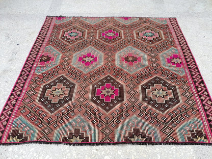 5'9x5'5 flatwoven with embroidery rug turkish hand made rugs vintage turkish rugs oushak rug vintage oushak rug, wool rug