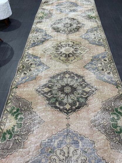 Muted Oushak Runner 3.8 x 11.7 Rug, Vintage Runner Rug, Hallway Runner Rug, Antique Runner Rug Wool Runner Rug Distressed Runner Rug
