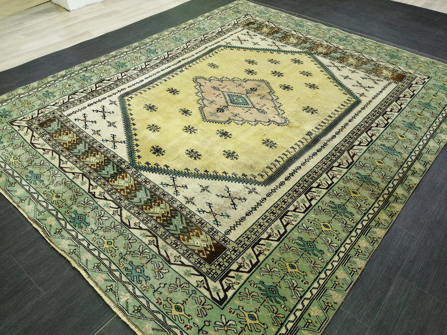 OUSHAK RUG  8.6x7.3 Green TURKISH Oushak Rug Vintage Oushak Runner Rug Vintage Runner Rug Wool Oushak Rug Hand Made Rugs Vintage Turkish Rug