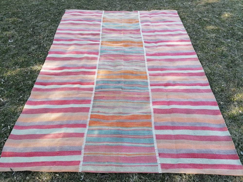 Flatwoven kilim rug 6'4x8'8  stripe hand made rugs, vintage turkish rugs oushak rug vintage oushak rug, wool rug