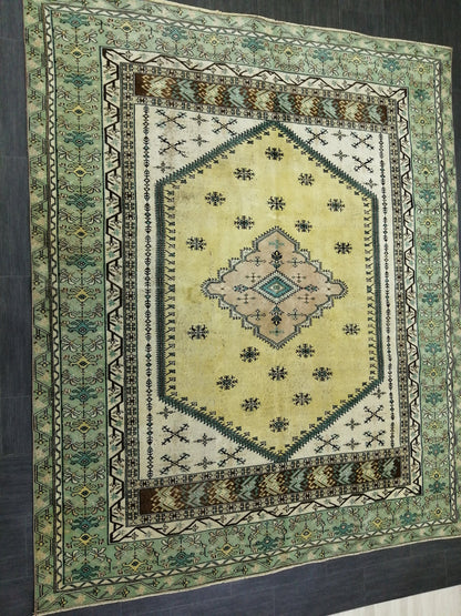 OUSHAK RUG  8.6x7.3 Green TURKISH Oushak Rug Vintage Oushak Runner Rug Vintage Runner Rug Wool Oushak Rug Hand Made Rugs Vintage Turkish Rug
