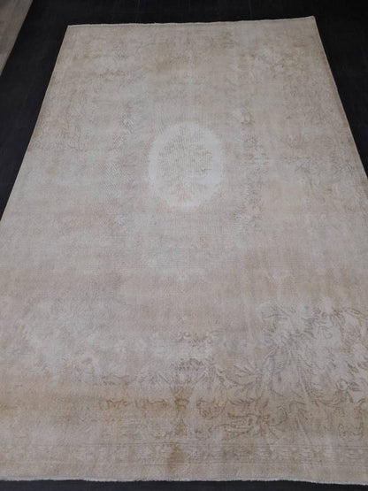 Neutral Rug Hand Knotted Rug Neutral Vintage Rug 6.6 x 10.3 Muted Oushak Rug Ivory Rustic Rug Beige Turkish Rug, Farmhouse Rug, Wool rug