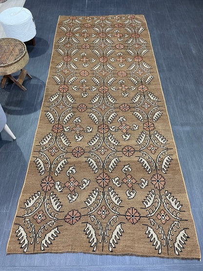 Vintage Floral RUG, Brown 4x10 Vintage Rug, TURKISH Rug, Muted Vintage Persian Rug, Vintage Wool Pink and Green Rug Muted Handmade Rug
