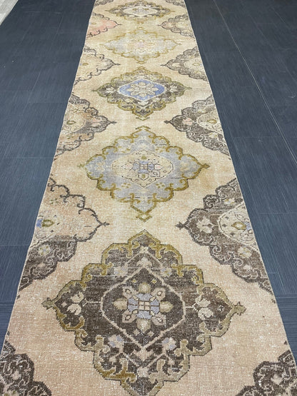 MUTED Hand Knotted Runner Entry Runner TURKISH Runner 2.8 x 12.8 Vintage  Hallway Runner Rug Muted Runner Rug Kitchen Rug Runner