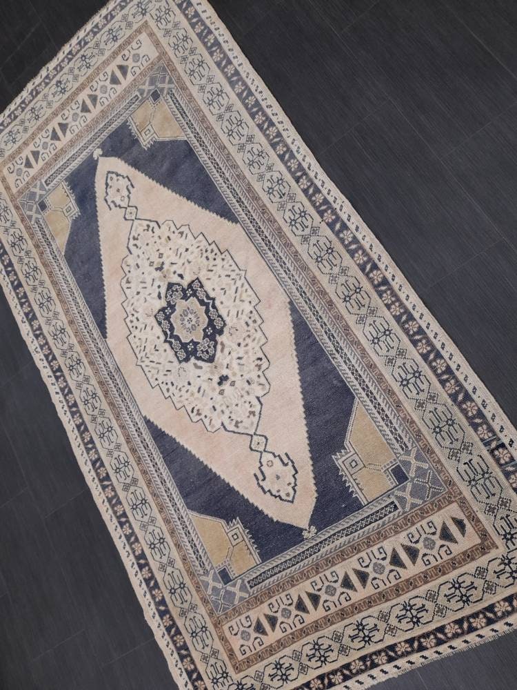 Vintage Hand Knotted Rug 3.9 x 7.4 Blue Oushak Rug Muted Rug, Vintage Turkish Rug, Oriental Rug, Vintage Rug,Soft Wool Navy Rug