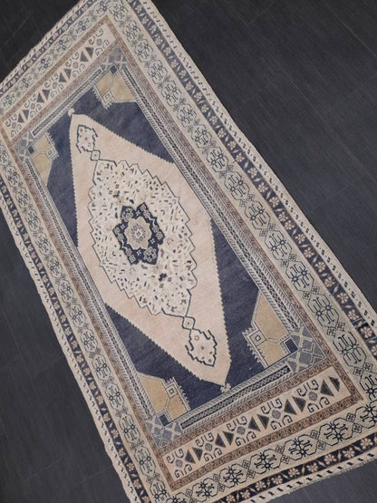 Vintage Hand Knotted Rug 3.9 x 7.4 Blue Oushak Rug Muted Rug, Vintage Turkish Rug, Oriental Rug, Vintage Rug,Soft Wool Navy Rug