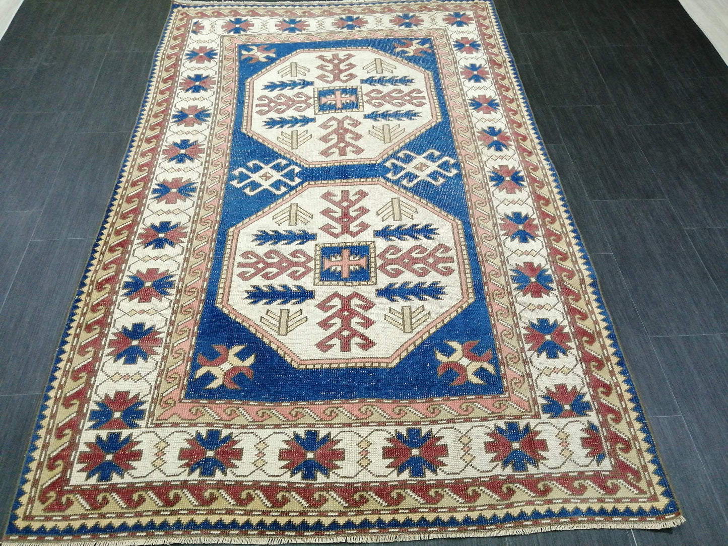 7.3 x 4.7 Blue Rug, Oriental Vintag Rug, Oushak Rug, Rustic Rug, Bohemian Rug, Rug Runner, Turkish Rug, Farmhouse Rug, Vintage Rug, Wool rug