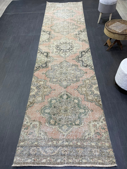 Hand Knotted Runner Rug, Antique  Runner Rug, TURKISH Runner 3 x 12.7, Vintage Runner Rug, Distressed Runner Rug Kitchen Runner