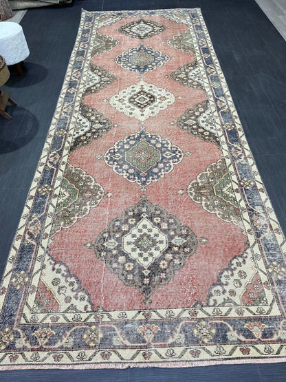 Wool Hand Knotted Runner Rug, Turkish 4.6 x 12.4 Runner Rug, Vintage Runner Rug, Hallway Runner Rug Kitchen Runner Rug, Oushak  Runner Rug