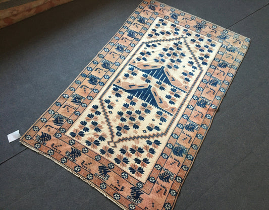3.6x6 feet wool natural muted turkish kitchen rug, living room floor bohemian rugs, vintage brown large rug, bedroom area rug, wide blue rug