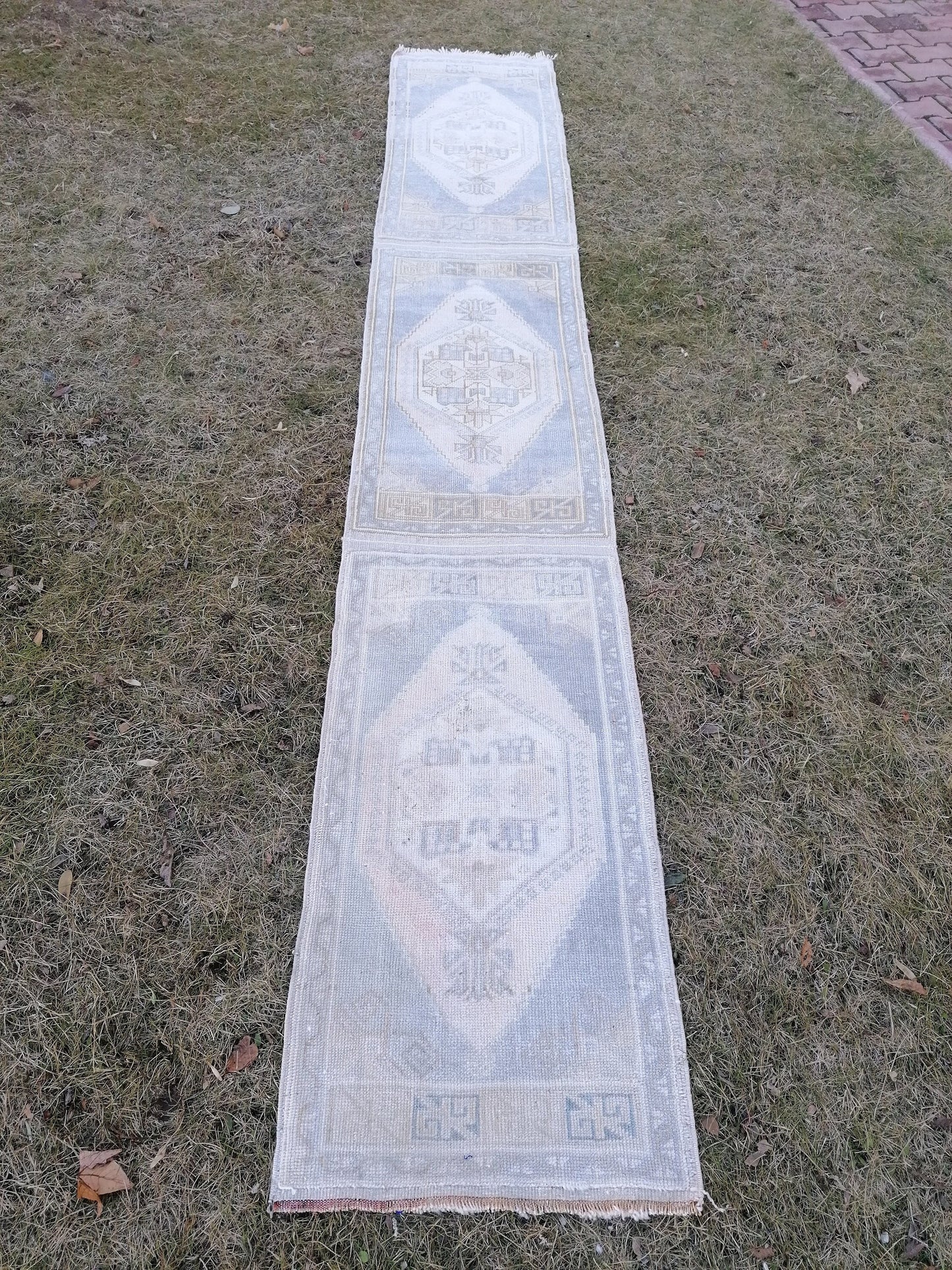 1'9x10'5 muted blue runner rug, faded vintage turkish runner,  hallway runner rug, kicthen runner rug, oushak runner rug