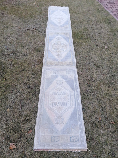 1'9x10'5 muted blue runner rug, faded vintage turkish runner,  hallway runner rug, kicthen runner rug, oushak runner rug