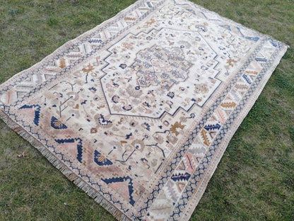 Oushak turkish wool rug 5'6x7'6 pastel vintage handmade rug, living room rug