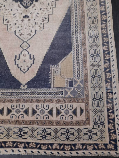 Vintage Hand Knotted Rug 3.9 x 7.4 Blue Oushak Rug Muted Rug, Vintage Turkish Rug, Oriental Rug, Vintage Rug,Soft Wool Navy Rug