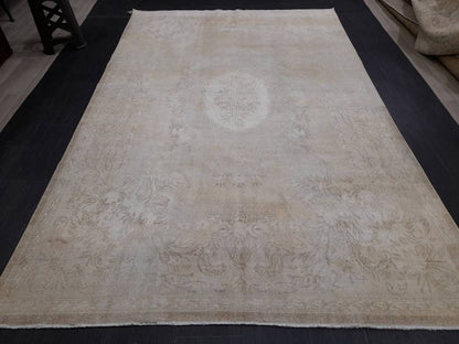 Neutral Rug Hand Knotted Rug Neutral Vintage Rug 6.6 x 10.3 Muted Oushak Rug Ivory Rustic Rug Beige Turkish Rug, Farmhouse Rug, Wool rug