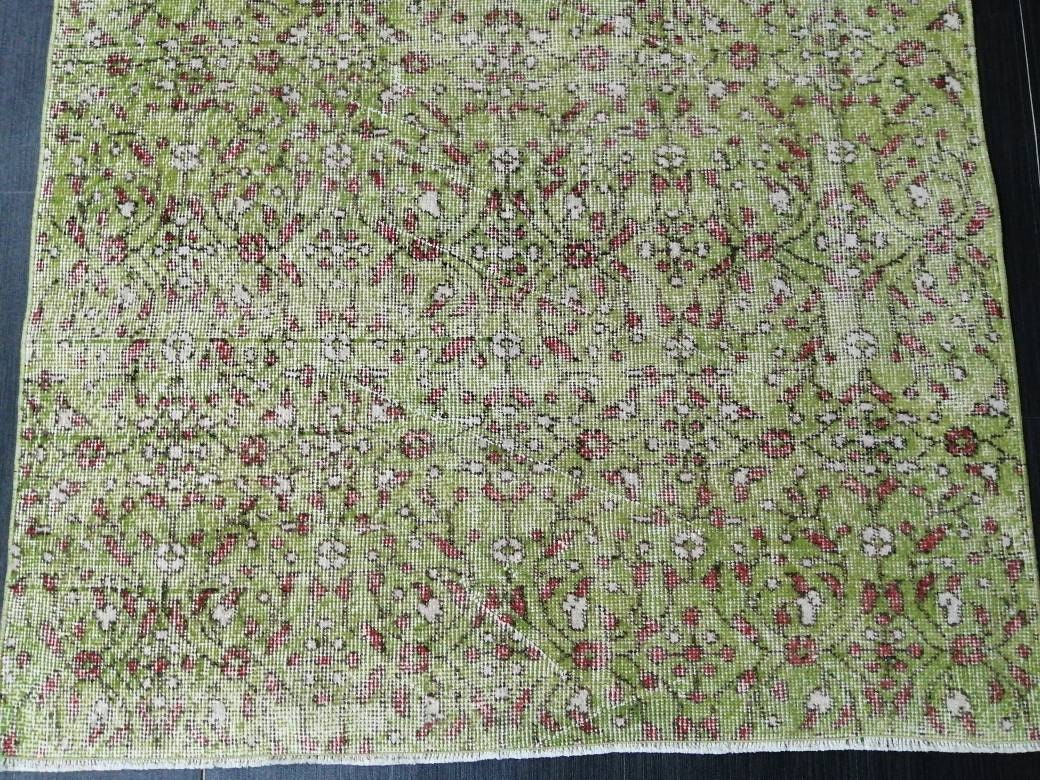 Vintage Green Rug Hand Made Rug, 3.6 x 6.5  Modern Oushak Rug,  Boho Leaves Rug, Fun Turkish Rug, Farmhouse Rug, Vintage Wool rug