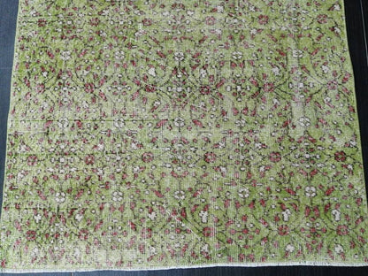 Vintage Green Rug Hand Made Rug, 3.6 x 6.5  Modern Oushak Rug,  Boho Leaves Rug, Fun Turkish Rug, Farmhouse Rug, Vintage Wool rug