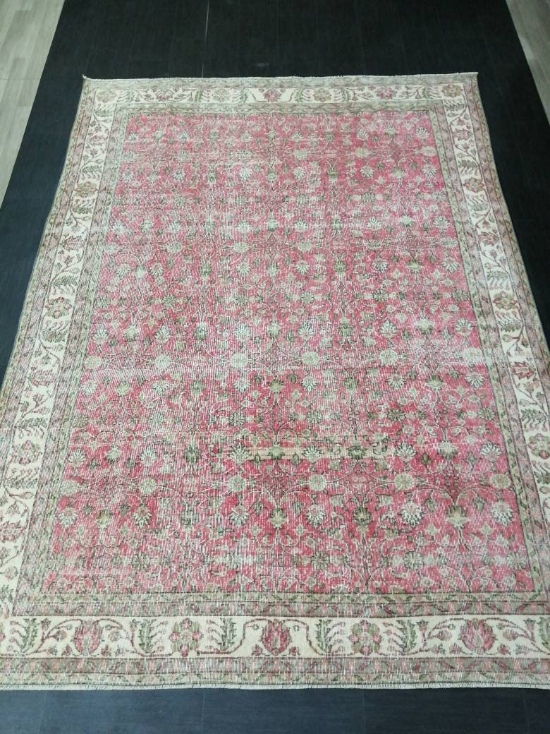 Vintage RUG 7.4 x 10.4 Vintage TURKISH Rug Persian Vintage  Rug Floral Oushak Rug Large Hand Made Rugs Vintage Turkish Pink Rug 7x10