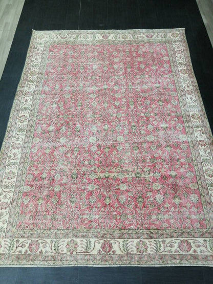 Vintage RUG 7.4 x 10.4 Vintage TURKISH Rug Persian Vintage  Rug Floral Oushak Rug Large Hand Made Rugs Vintage Turkish Pink Rug 7x10