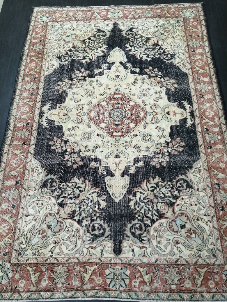 Vintage RUG 7 x 10. 4 TURKISH Oushak Rug Vintage Navy Oriental Rug  Vintage Persian Rug Hand Made Rugs  Turkish Rug