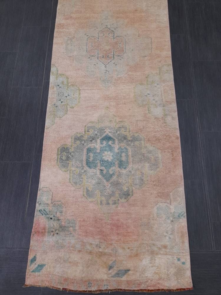 Hand Knotted Runner Rug Muted Turkish Runner Rug Vintage Runner Rug 2.6 x 12.8 Distressed Hallway Runner Kitchen Runner Rug Muted Runner Rug