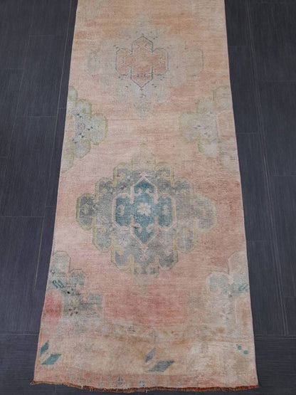 Hand Knotted Runner Rug Muted Turkish Runner Rug Vintage Runner Rug 2.6 x 12.8 Distressed Hallway Runner Kitchen Runner Rug Muted Runner Rug