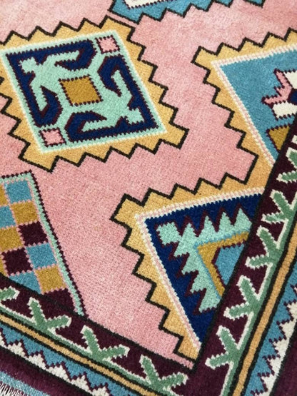 3 x 4.5 PINK AND NAVY Rug Hand Made Rug, High Pile Oushak Rug,  Boho Rug, Oriental Rug Plush Turkish Rug, Farmhouse Rug, Vintage Wool rug