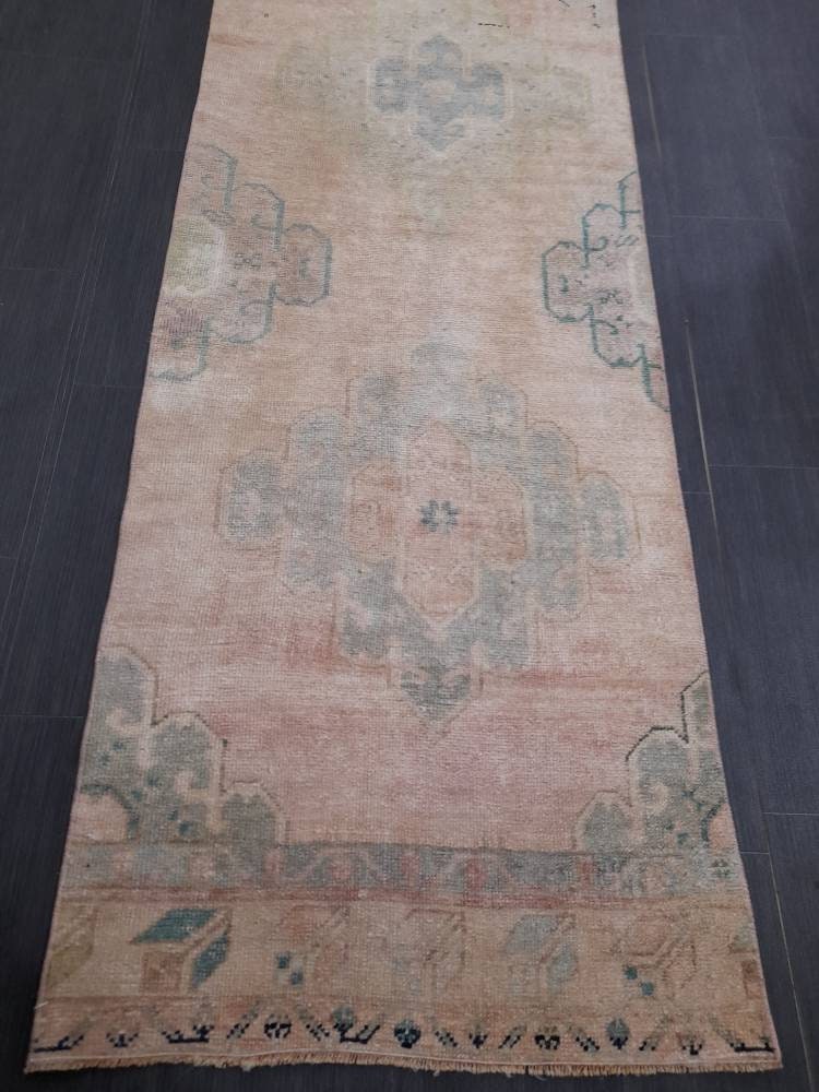 Hand Knotted Runner Rug Muted Turkish Runner Rug Vintage Runner Rug 2.6 x 12.8 Distressed Hallway Runner Kitchen Runner Rug Muted Runner Rug