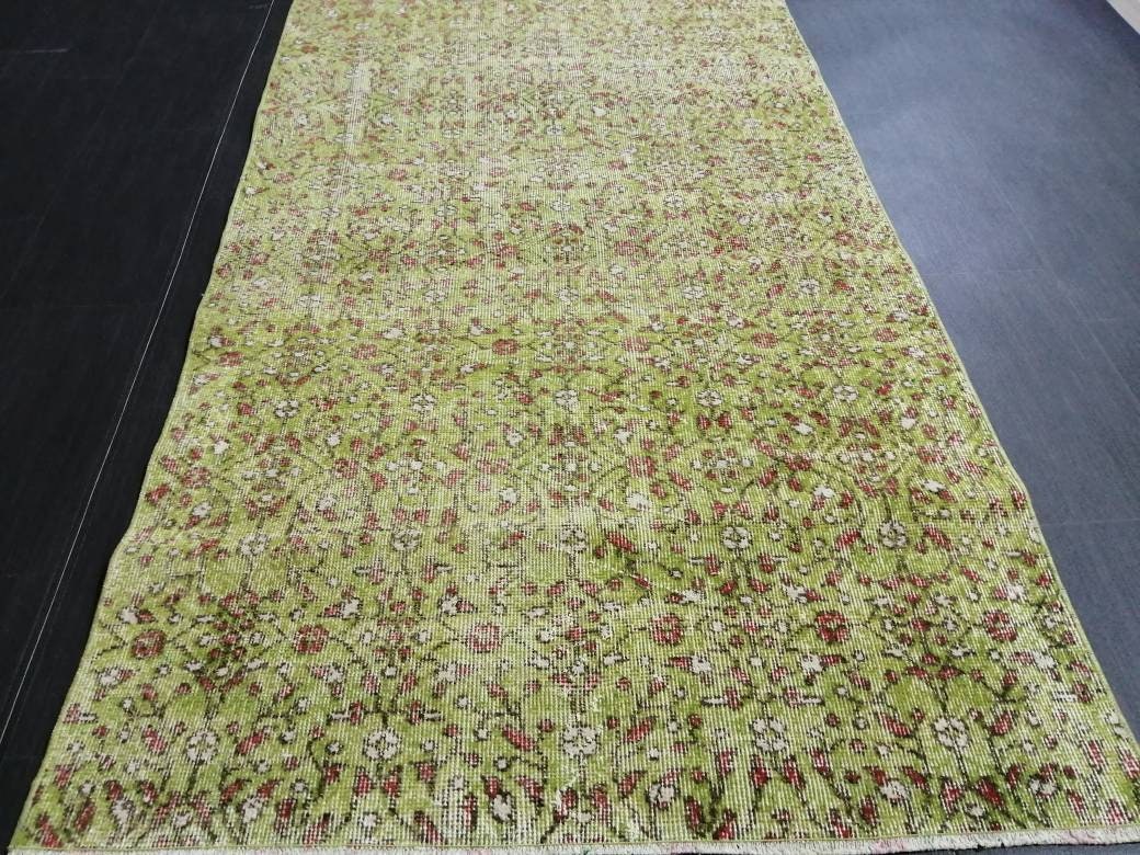 Vintage Green Rug Hand Made Rug, 3.6 x 6.5  Modern Oushak Rug,  Boho Leaves Rug, Fun Turkish Rug, Farmhouse Rug, Vintage Wool rug