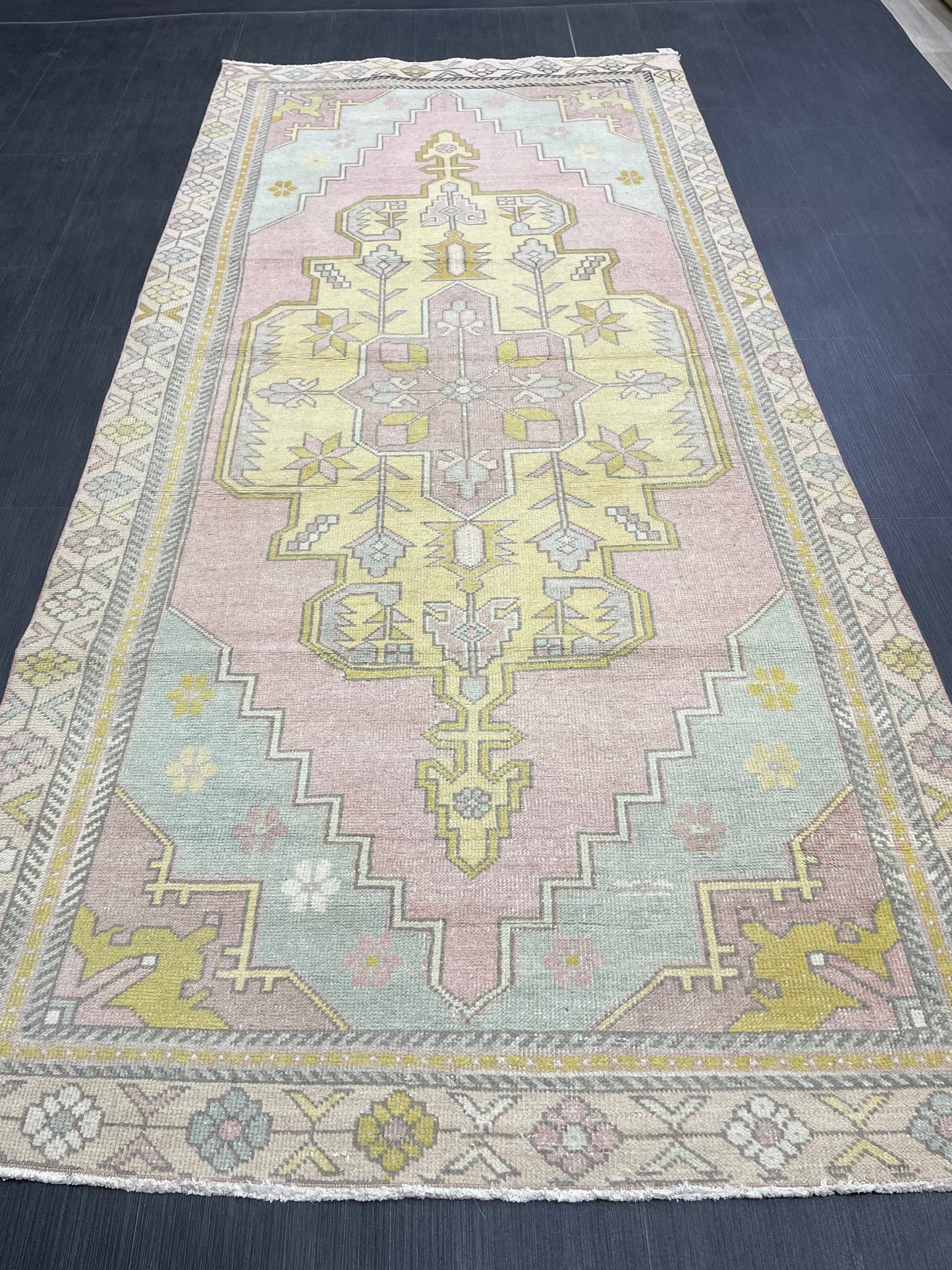 Muted Vintage RUG 4x9 TURKISH Rug Oriental Rug Vintage Oushak Rug Vintage Persian Wool Rug Handmade Rug Vintage Turkish Rug Discounted Rugs