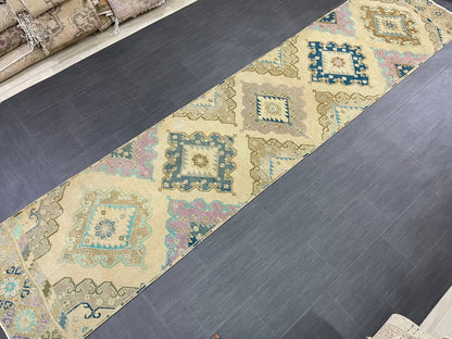 Hand Knotted Vintage Runner Rug 2.9 x 13.3 ft Muted Turkish runner rug Oushak Runner Hallway Rug runner Hand Knotted Star Runner Rug