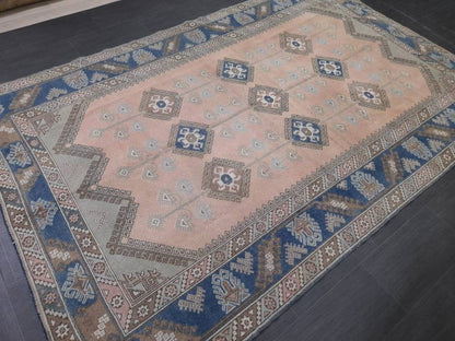 Oriental RUG 6.3 x 9.5 Oushak Rug  Blue And Light Pink Persian Rug Vintage Rug Soft Wool Rug Antique Turkish Rug Muted  Quality Turkish Rug
