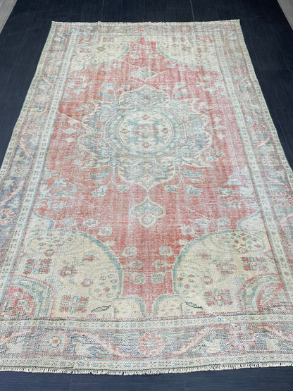 Distressed Vintage HAND MADE Rug 6.2 x 10 Handmade Rug Oushak Rug Persian Rug Oriental Rug Vintage Turkish Rug Pink Wool Rug
