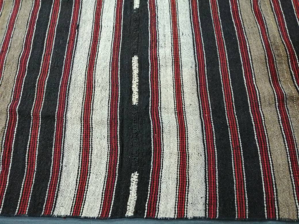 6.7 x 12 Vintage Oriental Flat woven Rug, Turkish Flatweave Carpet ,Stripe Oushak Flatweaving,Handmade Rug,Farmhouse Rug, Black rug Dark rug