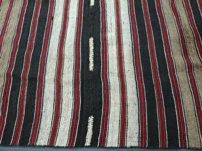 6.7 x 12 Vintage Oriental Flat woven Rug, Turkish Flatweave Carpet ,Stripe Oushak Flatweaving,Handmade Rug,Farmhouse Rug, Black rug Dark rug