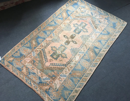 4x6.5 feet etnique anatolian kitchen rug, faded color blue turkish hallway rug, vintage natural brown bedroom rug,living room floor wool rug