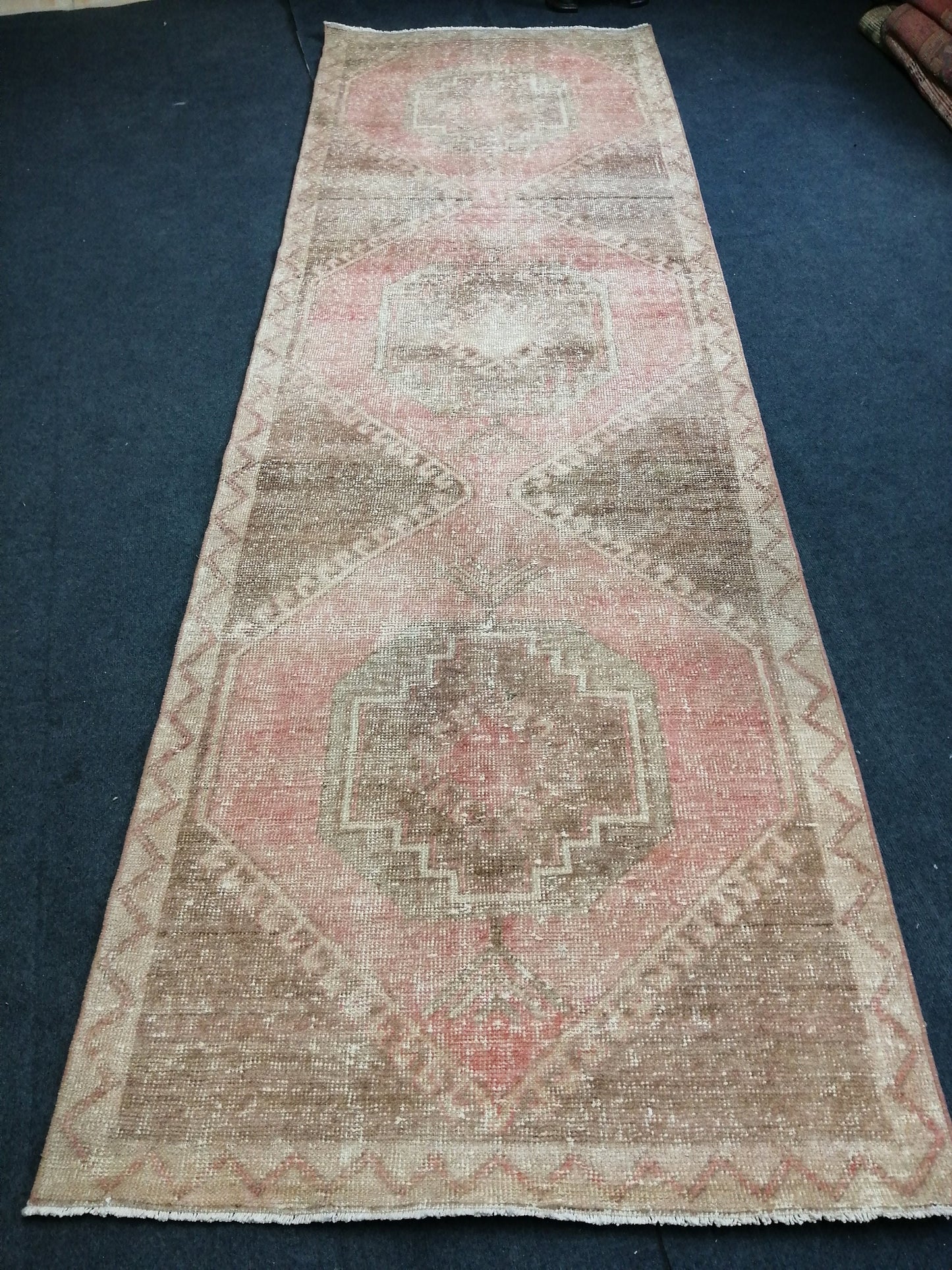 Muted Oushak Runner Rug 3.4 x 11 Turkish Runner Rug Vintage Runner Rug Neutral Hallway Runner Rug Kitchen Runner Rug Muted Wool Runner Rug