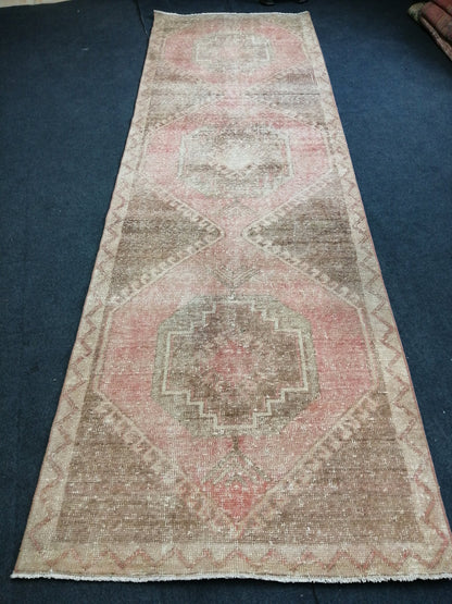 Muted Oushak Runner Rug 3.4 x 11 Turkish Runner Rug Vintage Runner Rug Neutral Hallway Runner Rug Kitchen Runner Rug Muted Wool Runner Rug