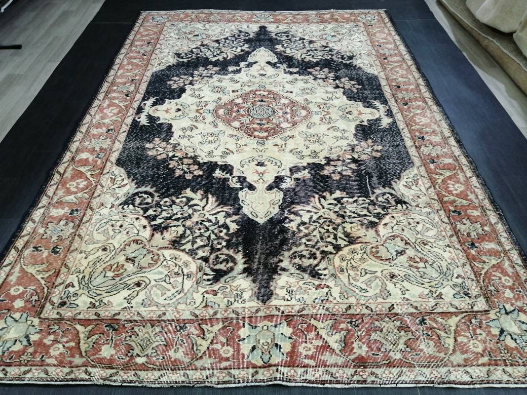 Vintage RUG 7 x 10. 4 TURKISH Oushak Rug Vintage Navy Oriental Rug  Vintage Persian Rug Hand Made Rugs  Turkish Rug