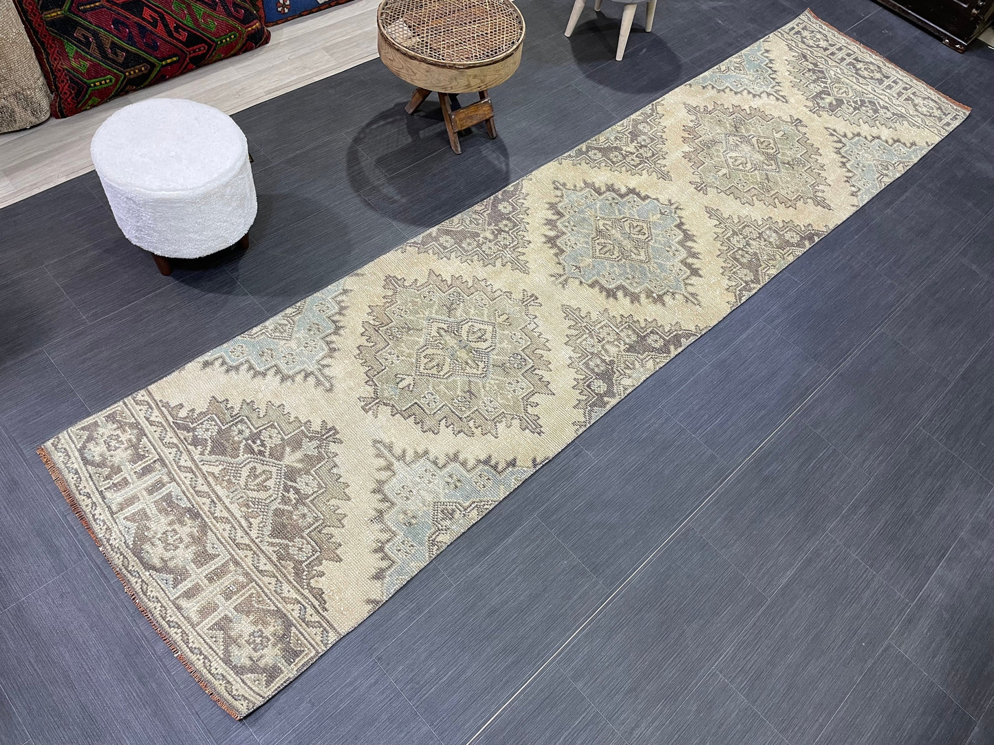Hand Knotted Runner Rug, Vintage 2.8 x 11.2 Runner Rug,Handmade Short Runner Rug,Bathroom Runner Rug, Antique Runner Rug, Vanity Runner Rug