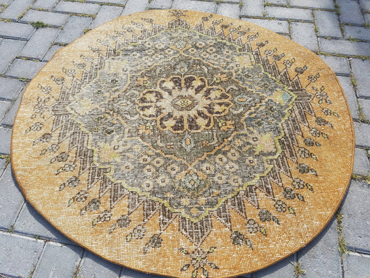 Round rug 3'7" feet, circle rug, turkish rug vintage rug vintage oushak rug unique hand made rug kitchen rug  traditional turkish decor