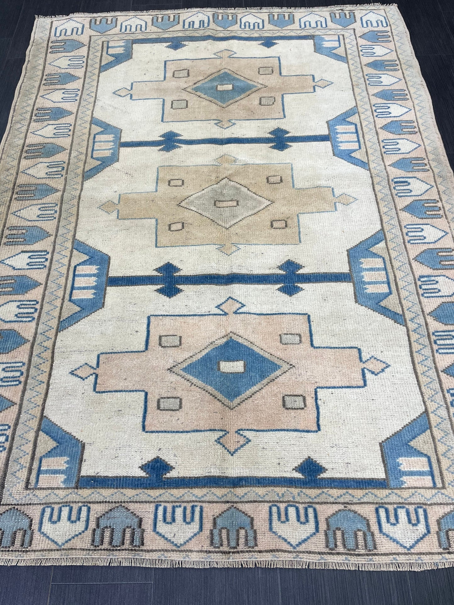 Vintage Blue Rug Muted 4.6 x 6.3 Vintage Rug Wool Light Blue Oushak Rug Hand Made Rugs Vintage Turkish Rug Living Room Rug