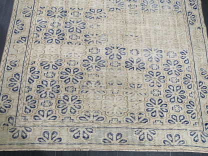 Blue Floral Rug Distressed Vintage Rug Muted 6.8 x 9.4 Vintage Rug Wool Oushak Rug Hand Made Area Rugs Vintage Turkish Rug