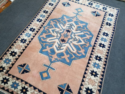 Vintage blue rug 5x7'4 turkish handmade rug, bohemian rug, living room rug, oushak vintage rug