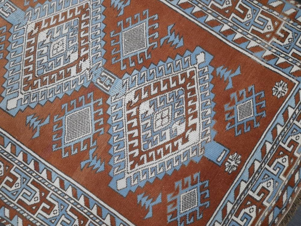 Turkish Rug 4.6 x 7.5 Vintage Oushak Rug Light Blue and Brown Vintage Rug Wool Muted Oushak Rug Hand Made Rugs Vintage Turkish Rug